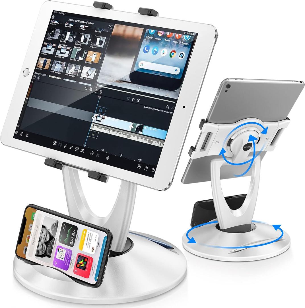 360 Rotating Tablet Stand for POS Kiosk & Desk, Foldable iPad Holder with Phone Organizer Base, Swivel Counter Mount for Retail & Office, Fits iPad Pro 12.9, Air, Mini, All 4-13 Devices