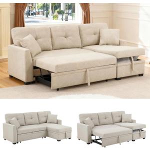Sectional Sleeper Sofa with Pull Out Bed, L Shape Convertible Couch with Storage Chaise, Comfy Sleeper Couch, 2 in 1 Pull Out Sofa Bed with 2 Seats, for Living Room, Apartment, Beige