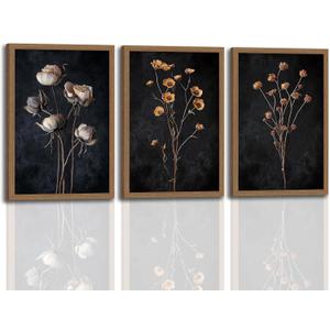 3 Pcs Moody Dried Flower Canvas Wall Art For Bedroom Dark Vintage Floral Framed Wall Art Rustic Aesthetic Botanical Art Prints for Living Room Bathroom 12x16 inch Ready to Hang