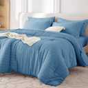MUXHOMO 7 Pieces Full Comforter Set, Seersucker Bed in a Bag Full Size, All Season Luxury Bedding Set with Comforter, Flat Sheet, Fitted Sheet, Pillowcases & Shams, Mineral Blue