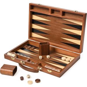 ropoda Sapele Wood Backgammon Board Game Set (15 Inches) for Adults and Kids - Classic Board Strategy Game - Portable and Travel Backgammon Set with Wooden Playing Pieces and Accessories