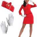 fun shack Flight Attendant Costume Women Red, Retro Airline Stewardess Outfit for Women, Vintage Stewardess Attire Size L