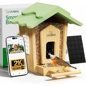 Ovibird Smart Bird Feeder with Camera, 2K Video Bamboo Bird Feeders with Solar Powered, IP65 Waterproof, AI Birds ID for 10,000+ Species, WiFi Birdhouse Camera for Birds Watching Gifts