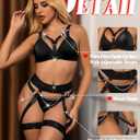 Sexy Lingerie Set For Women With Strappy Bra Underwire Panty Set With Chainand Garter Belt with Thong 5 Piece (Black, L)