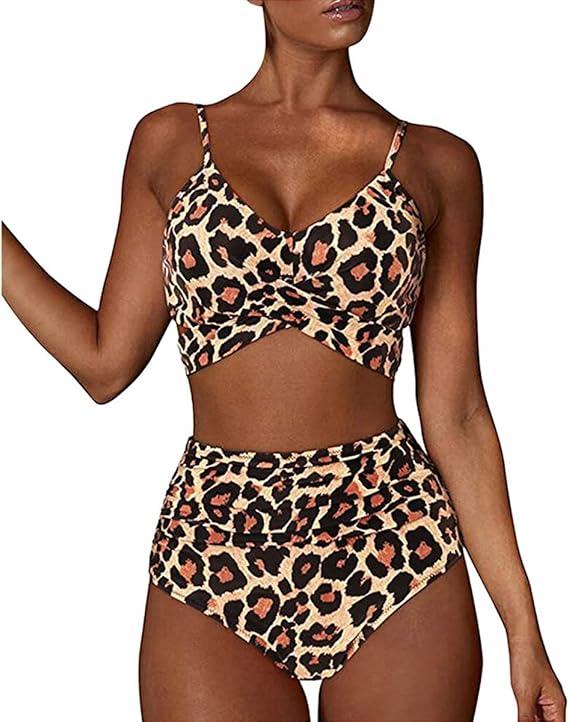 Women's Two Piece Tummy Control Swimsuit Sexy Modest High Waisted Swimwear Leopard Print Triangle Bikini Sets Large, Leopard