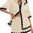 ZESICA Women's Button Down Pajama Set Line Short Sleeve Shirt and Shorts Pj Lounge Sets Sleepwear with Pockets (Small, Beige)