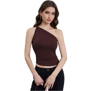 Women's Knot One Shoulder Tank Top Slim Fit Ruched Sleeveless Tops, M