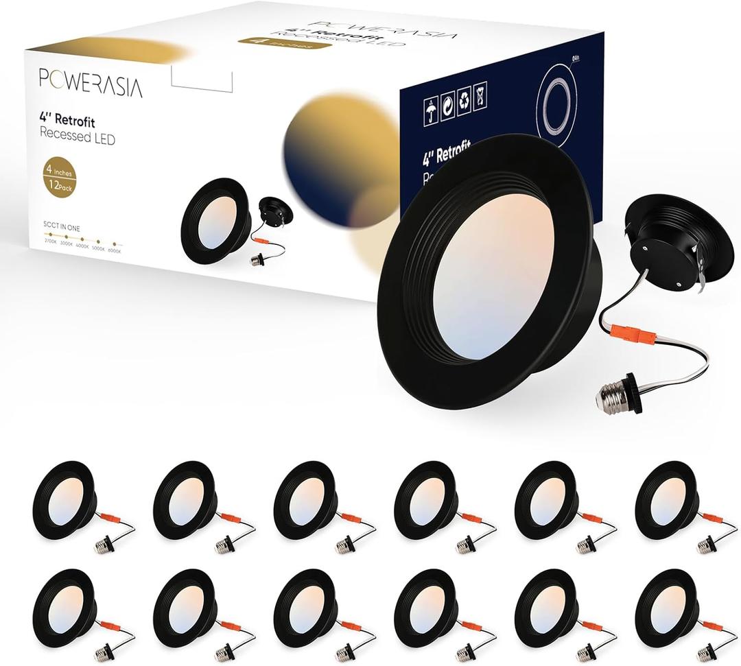 12 Pack 4 Inch Black LED Can Lights Retrofit Recessed Lighting, 5CCT 4 Inch Recessed lights Selectable 2700K-6000K Dimmable, 9W 630LM Recessed Lights with Metal Smooth Trim- ETL and Energy Star