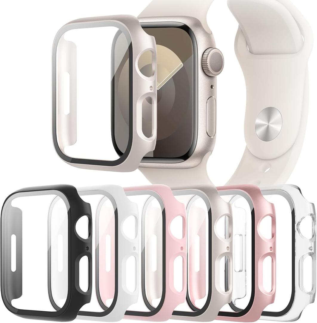 6-Pack Case Compatible with Apple Watch 40mm Series SE 2nd Gen 6 5 4 with Tempered Glass Screen Protector, QCKANLJ Ultra-Thin Hard PC Full Protective Face Cover Bumper for iWatch 40mm (Black/Transparent/Pink/White/Starlight/Rose Gold)