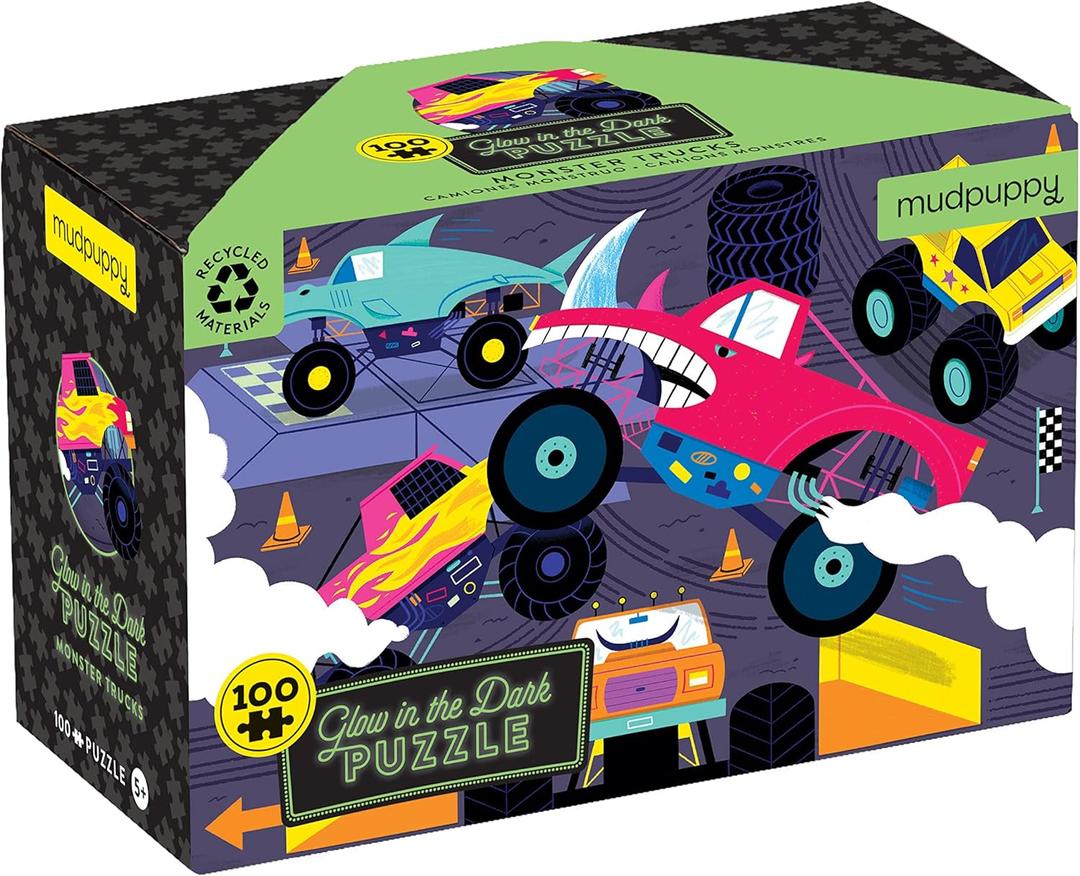 Mudpuppy Monster Trucks  100 Piece Glow in The Dark Jigsaw Puzzle with an Exciting Scene of Trucks and Cars Racing and Hidden Speedy Details in The Dark
