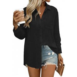 Womens Button Down Shirts Linen Cotton Long Sleeve Blouses Casual Collared Loose Fit Gauze Tops with Pocket, 3XL