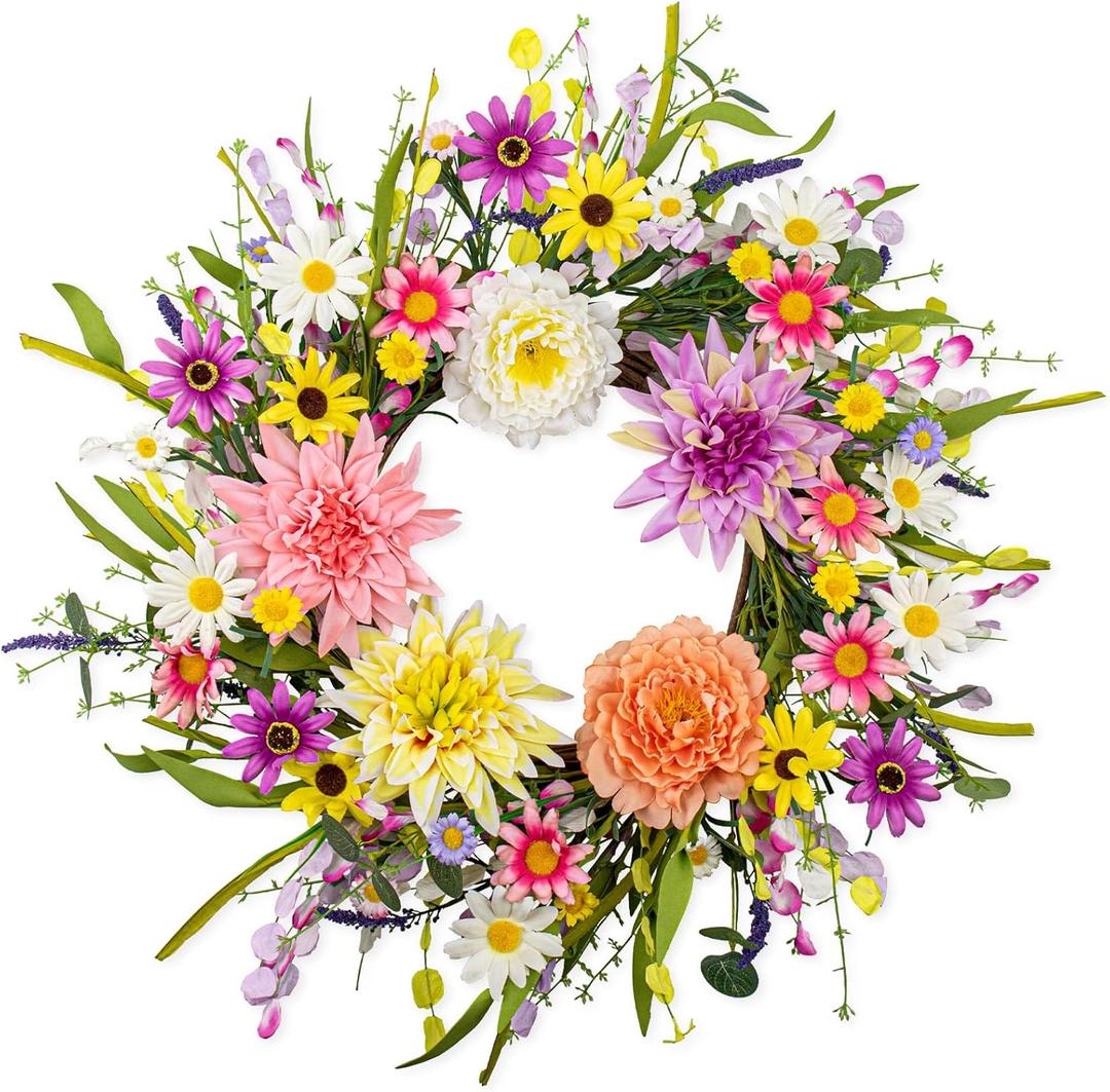 Artificial Spring Wreath 22 Inch Floral Wreaths for Front Door Spring Summer Wreath with Dahlia Daisy Flowers for Indoor Porch Wall Springtime Holidays Easter Celebrations