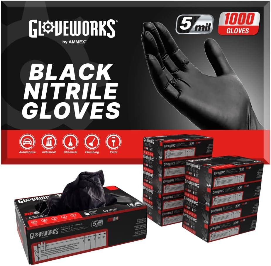 GLOVEWORKS Black Nitrile Gloves 5 Mil Disposable for Food Service Cooking, Professional Cleaning, Size Medium 10 Boxes of 100