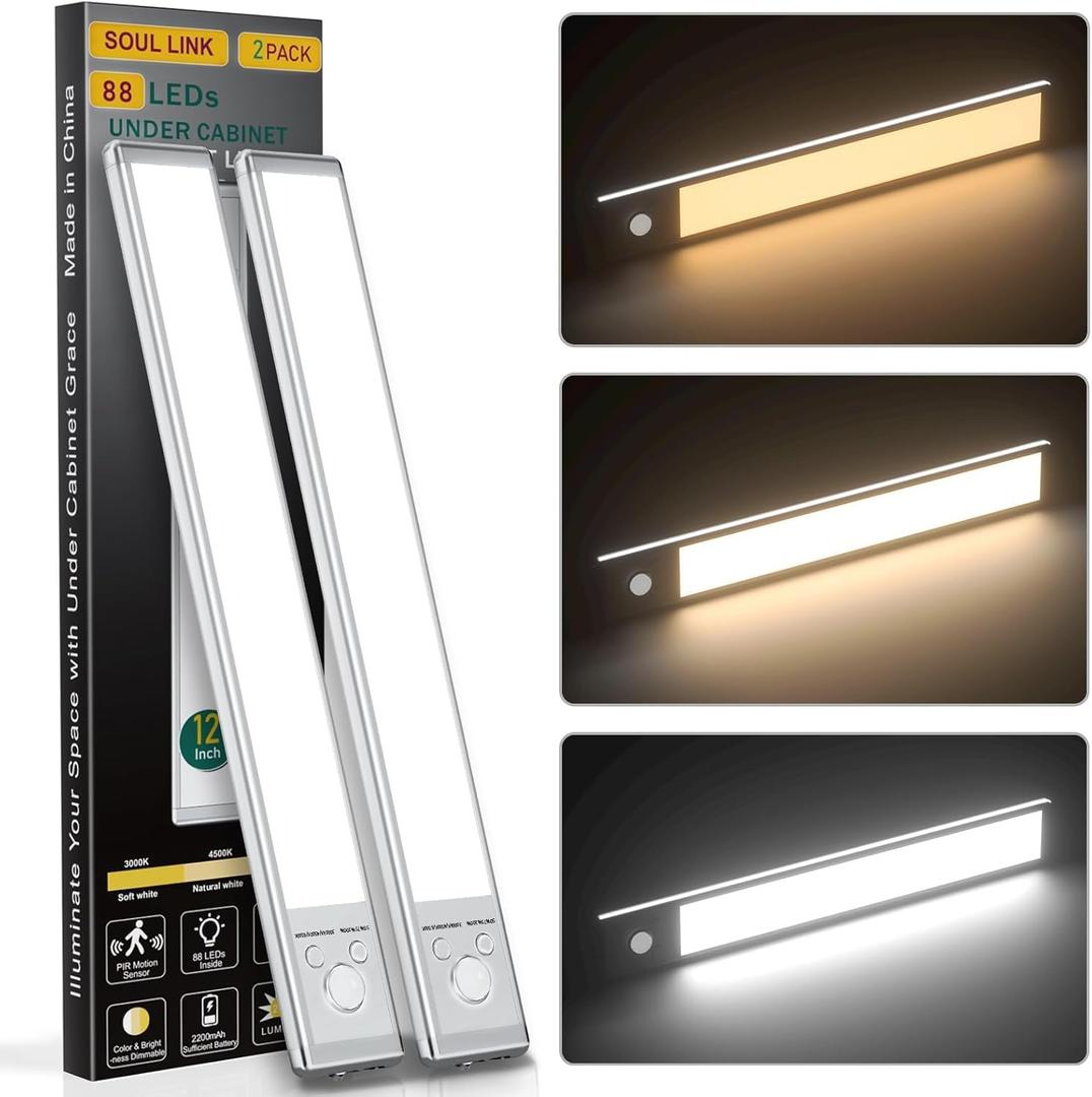 12" Under Cabinet Lights,88 LED Operated Motion Sensor Light Indoor,2200mAh USB Rechargeable Closet Lights, 2 Pack Magnetic Dimmable Closet Lights?Wireless Under Counter Lights for Kitchen, Stairs