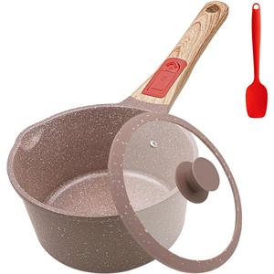 1.5 Quarts Ceramic Nonstick Saucepan with Lid, Small Sauce Pot with Pour Spouts for Multipurpose Use, Milk Pan with Detachable Handle, Oven Safe (Brown)