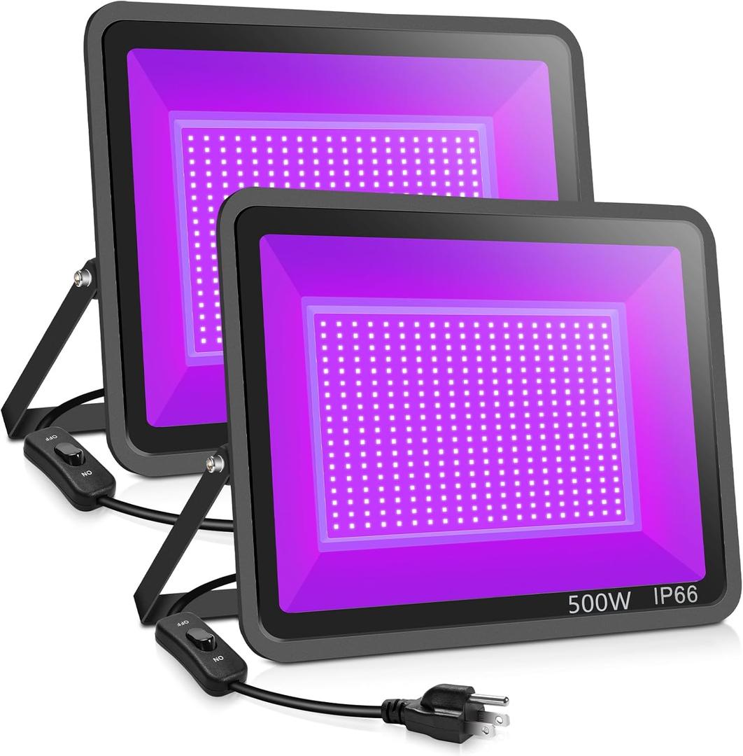 2 Pack 500W LED Black Lights,Outdoor Flood Blacklight Light with Plug, IP66 Waterproof 395nm to 410nm forGlow in The Dark, Dance Party, Stage Lighting, Body Paint, Fluorescent Poster, Neon Glow