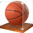 Clear Acrylic Basketball Display Case with Wood Base & Tee, Memorabilia Stand Cube Holder, Dust Protection Transparent Storage Box for Single Ball Souvenir Basketball Collections (1 Pack)