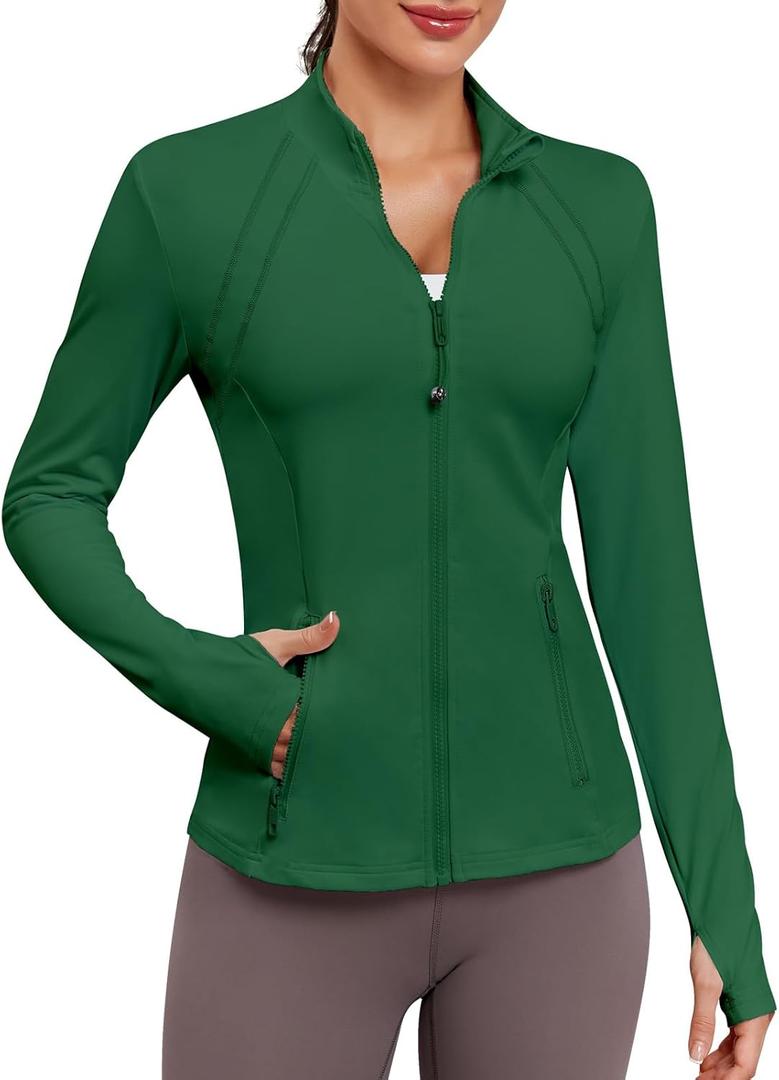VUTRU Women Athletic Jacket Fitted Workout Running Zip Up Track Coat Layer with Thumb Holes Pockets for Yoga Gym Travel L