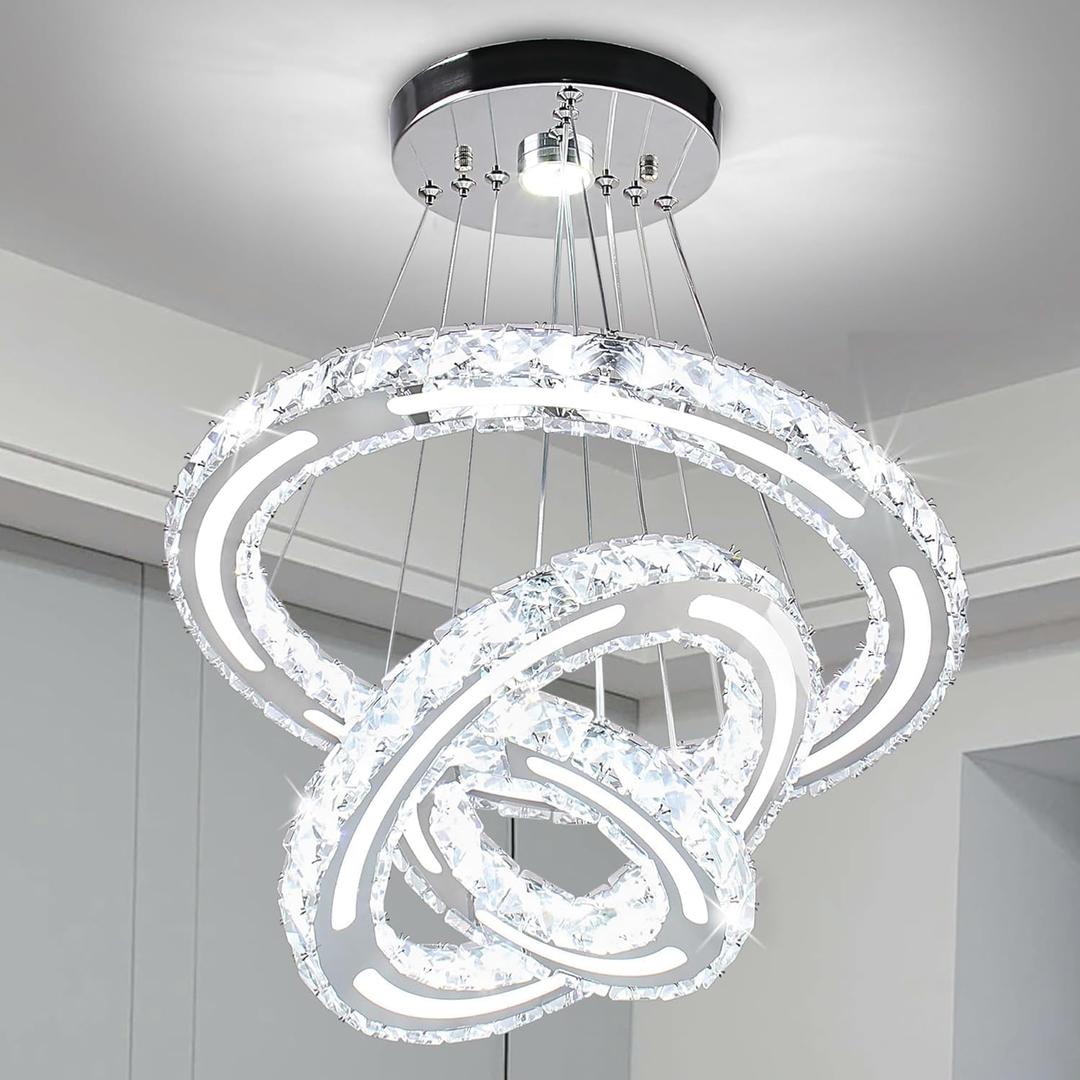Crystal Chandelier Lighting, 3 Ring LED Modern Crystal Chandeliers Adjustable Stainless Steel Cool White Pendant Lights for Bedroom, Living Room, Hallway, Kitchen, Bathroom, Bar, Dining Room
