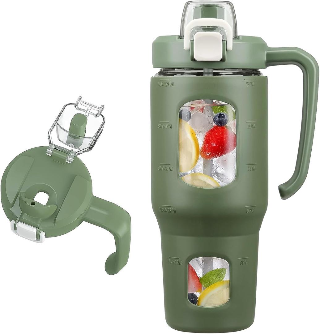 32oz Glass Tumbler with Straw Handle and 2-IN-1 Sip & Spout Lid, Reusable Iced Coffee Cup for Smoothie, Matcha, Leakproof Glass Water Bottle with Straw and Silicone Sleeve, BPA Free-Olive