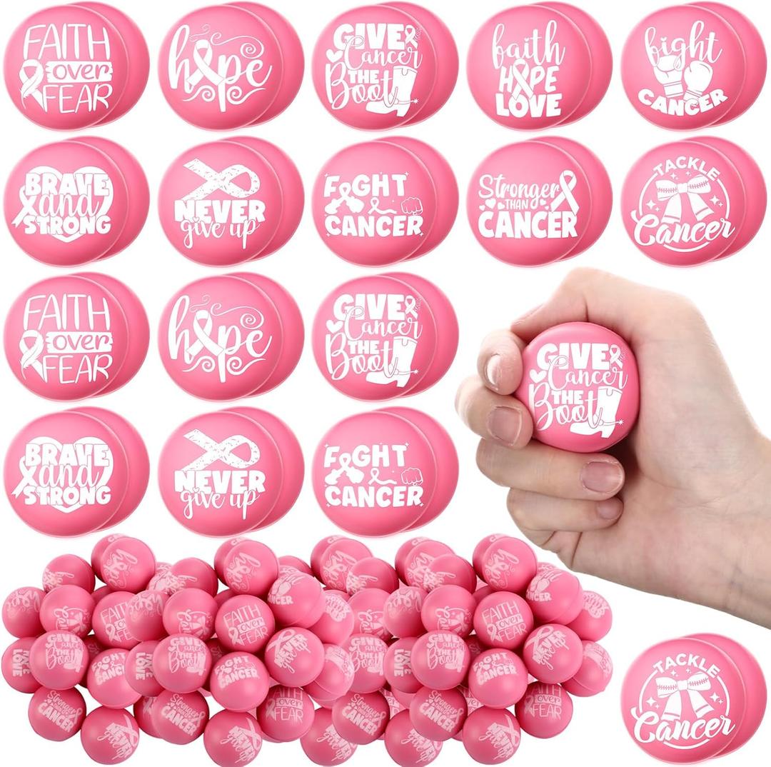 Soulchen 100 Pcs Breast Cancer Awareness Stress Balls 1.57 Inch Pink Ribbon Inspirational Foam Relief Stress Balls Gifts for Breast Cancer Awareness Month Bulk Charity Party Favors