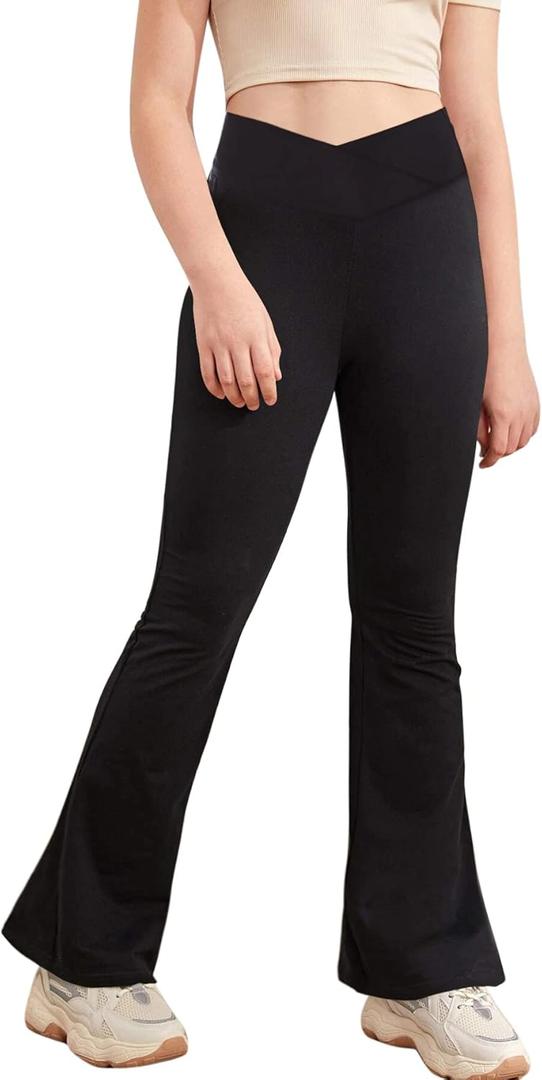 Girl's Leggings Cross High Waisted Flare Pants Yoga Bootcut Pants Solid Color Full Length Bell Bottoms (11-12 Years, Black)