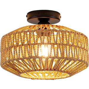 Rattan Boho Ceiling Light Fixture,Bohemian Woven Flush Mount Ceiling Light, Boho Chandelier Light Fixture Flush Mount for Hallway, Bedroom, Kitchen, Living Room, Entryway E26 1 Light