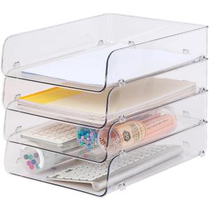 Gagee 4 Pack Paper Organizer for Desk,Clear Stackable Paper Sray Holder, Office Desk Organizer for Notes, Pens, File, Document