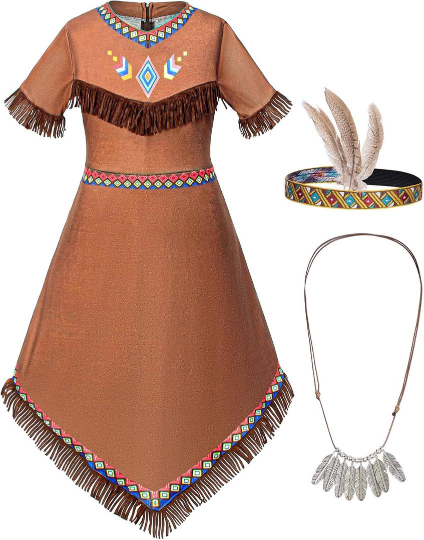 Native American Costume Girls Dress Indigenous American Indians Kids Party Cosplay 11-12 Years Brown