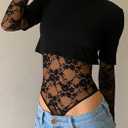 NRTHYE Women Lace Mesh Crop Top Sexy Long Sleeve Crew Neck Sheer Going Out T Shirts See Through Club Party Bodysuit Top (Black, M)