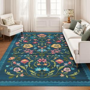 Washable Rug 9x12 Area Rugs for Living Room, Floral Rug for Bedroom, Soft Vintage Non Slip Throw Rugs with Rubber Back, Low Pile Stain Resistant Boho Floral Carpet for Dining Room, Blue