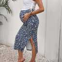 Milumia Women's Maternity Outfits 2 Piece Eyelet Ruched Tank Top and Floral Double Slit Midi Skirt Sets, XL