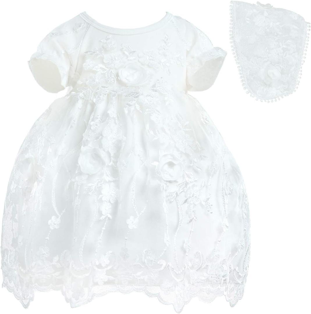 Baby Girls Christening Baptism Dress Newborn Delicate Embroidered Lace Gowns with Bonnet for Wedding Party 0-24M (6-12 Months, Off-white)