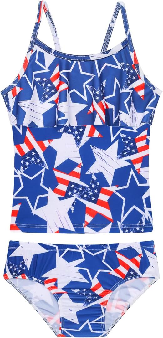 Girls Tankini Swimsuit UPF50+ Ruffle 2 Piece Bathing Suit Full Coverage Kids Swimwear (6-7 Years, Blue White)