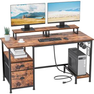 Furologee 47" Computer Desk with File Cabinet and Power Outlets, Home Office Desk with 2 Monitor Stands and Storage Drawer, Writing Gaming Table with Shelves and 2 Hooks for Bedroom, Rustic Brown