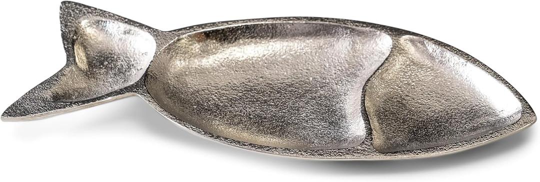 India Handicrafts Nautical Design 4 x 11 Inch Polished Aluminum Textured Fish Shaped Sectioned Serving Dish Platter Plate, Silver Tone, Small