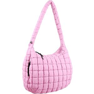 Quilted Puffer Tote Bag Large Crossbody Shoulder Bag Nylon Puffy Bubble Bag with Adjustable Shoulder Strap (Pink)