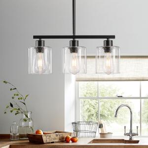 ROCUNSI 3Light Kitchen Island Lighting, Black Pendant Light Fixture, Farmhouse Dining Room Light Fixtures Over Table, Modern Hanging Light Fixtures with Clear Glass, E26 Base, Bulbs Not Included