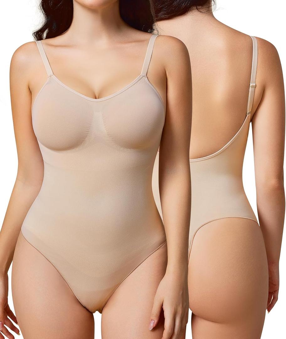 BRABIC Women's Backless Shapewear Bodysuit Tummy control Thong Seamless Body Shaper Sleeveless Compression Tanks Tops (Beige, Large)