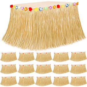 16PCS Luau Table Skirt Decor, Gold Hawaiian Themed Grass Table Skirt Party Decorations, 108 X 29.5" Flower Tropical Hula Dance Parties Supplies, Table Skirt Bulk for Summer Beach Themed Activities