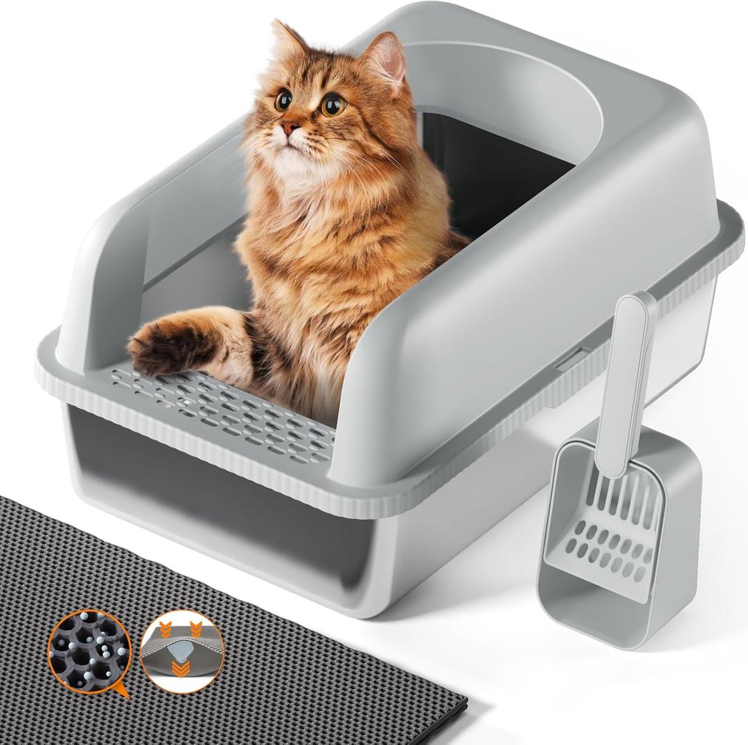 Extra Large Litter Box for Big Cats, Stainless Steel Cat Litter Box with High Side, Anti-Leakage,Non-Stick, Includes Litter Mat & Metal Scoop,Easy Cleaning (XL24" L x 16" W'x 12" H, Light Gray)