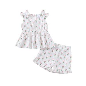 Kucnuzki 12-18 Month Summer Kids Girl Clothes Sleeveless White Top Floral T Shirt Cute Toddler Shorts 2 Piece Outfit Lounge Set Boutique Clothing