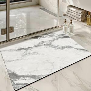 Color&Geometry Ultra Thin Bath Mat, Non Slip Quick Dry Rugs,Absorbent Marble Bathmat,16"x24",Washable Rubber Mats for Shower Floor,in Front of Bathtub,Bathroom Decor,Gray-Veined White Marble-Patterned