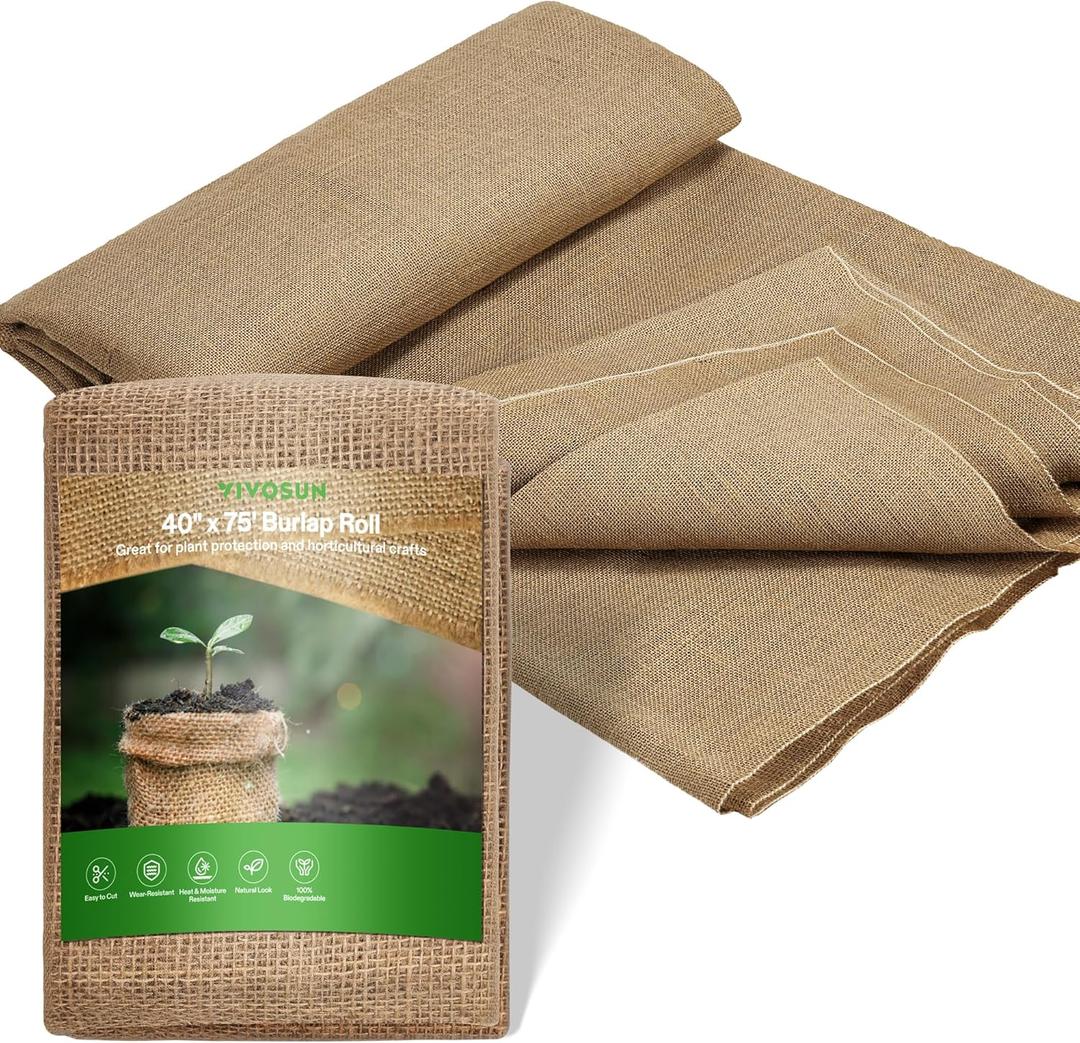 VIVOSUN 40 in x 75 ft Burlap Fabric, High Density Natural Jute Fiber, Multipurpose Burlap for Gardening, Outdoor Plant Care, Weed Barrier, DIY Crafts, and Decoration