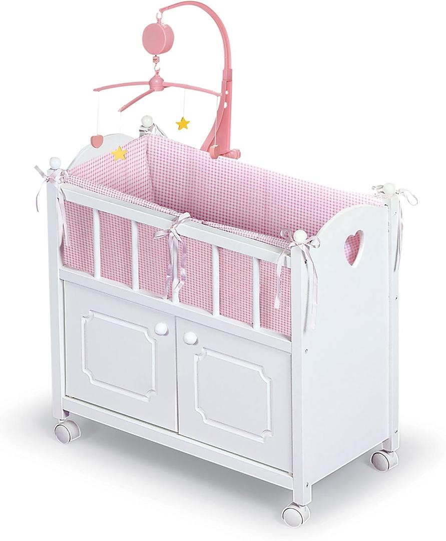 Badger Basket Wooden Toy Doll Bed with Storage, Mobile, and Bedding to Pretend and Play - Includes Wheels and Free Personalization Kit - White with Pink Gingham Fabric