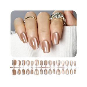 JODSONE 30PCS Nude Cat Eye Press on Nails Set Reusable Short Square Fake Nails Acrylic Diamond Shine Glossy Nature Stick on Nails for Women