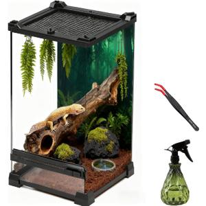Reptile Tall Glass Terrarium Rainforest Habitat Single Door with Screen Ventilation,Small Reptile Terrarium for Spiders, Tarantulas, Snail, Mantis, Lizard (10 * 10 * 13.8 inch)