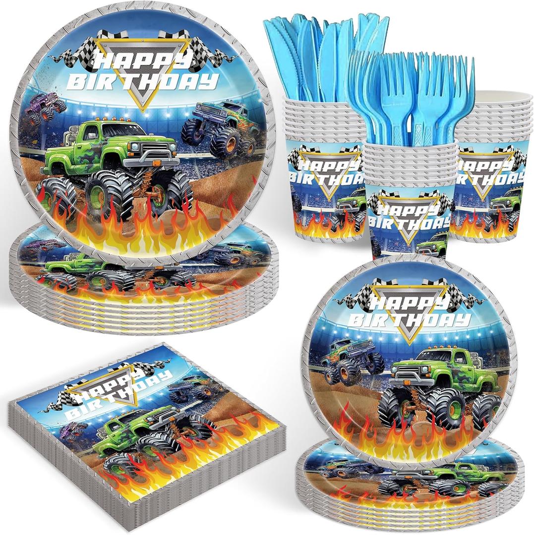 120PCS Monster truck Party Supplies boys kids Themd Party Decorations for birthday Tableware Set Plates Napkin Cups Set for 20 Guests