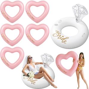 Thenshop 6 Pcs Bachelorette Pool Floats - 1 Diamond Ring & 5 Pink Heart Loungers - Inflatable Party Decorations for Bridal Shower, Engagement, Weddings - Photo Props for Bride & Bridesmaids