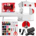 Hearth & Harbor Mini Sewing Machine for Beginners, Dual Speed Small Portable Sewing Machine for Kids and Adults with Extension Table, 48 Piece Gift Set Includes, Pedal, Projects Book and More, Red